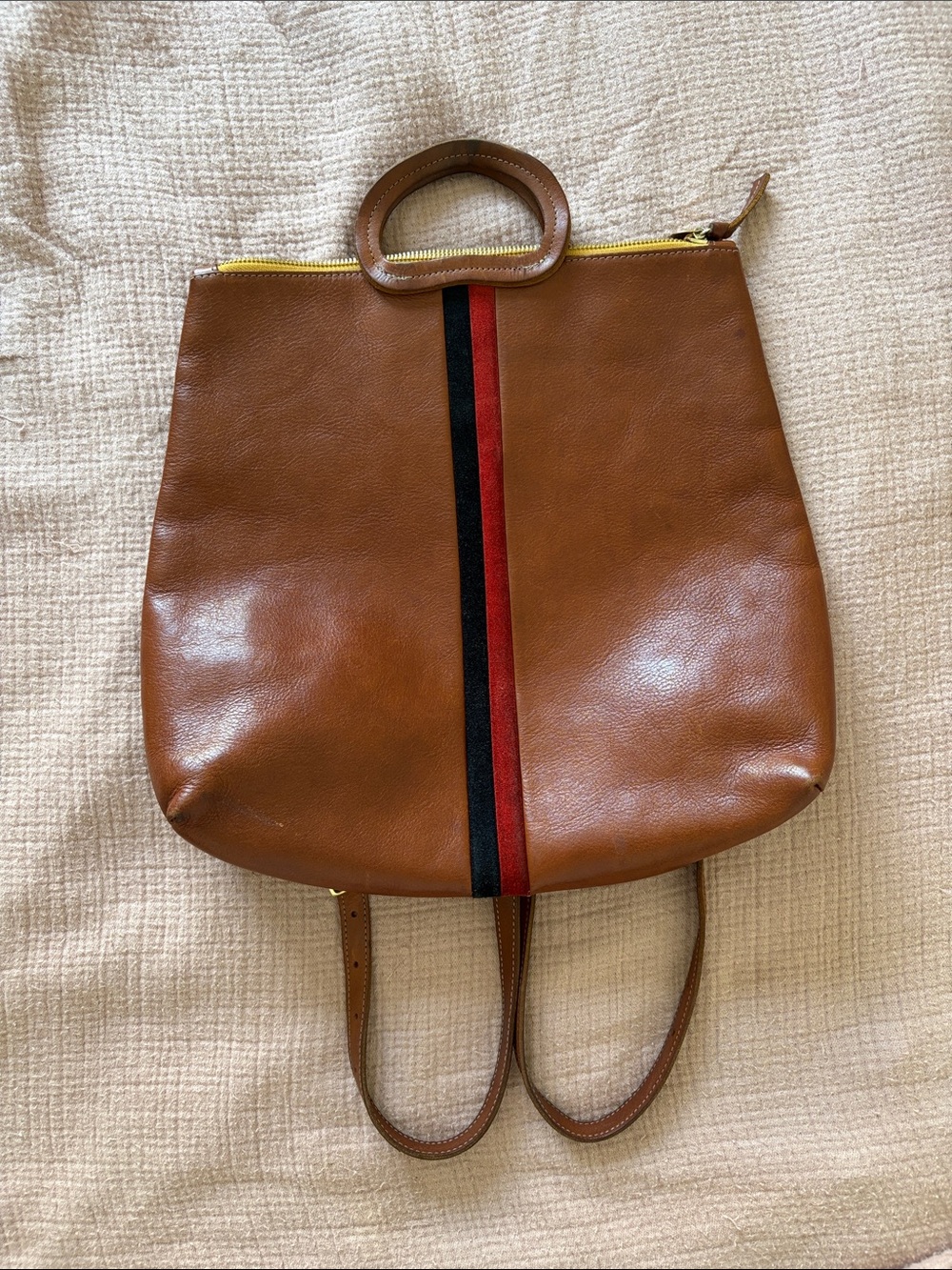 Brown Leather Backpack with Red & Black Center Stripe